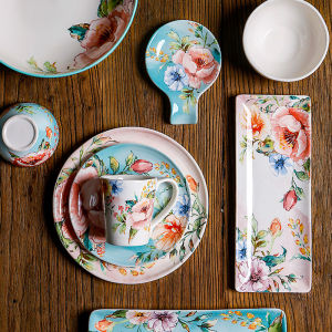 ชุดดอกไม้ดอกโบตั๋นสีฟ้า3ชิ้นชุดจานชุดดินเนอร์เซรามิก 8.6 นิ้ว จาน 2 ชิ้น + ถาดลึก 9 นิ้ว 1 ชิ้น