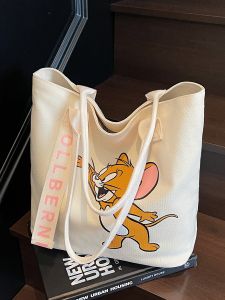 Trendy Large Capacity Canvas Tote Bag Single Shoulder Shopping Bag for Students Going to Class And Commuting Cartoon Print Handbag