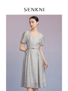 Elegant Senkni Moonlight Dress with Lilies Collar Womens Belted Skirt Stylish Summer New Arrival Charming Print Bubble Sleeve