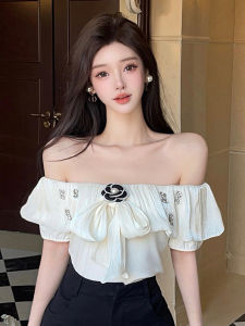 GUZILIAN | Summer Unique Bubble Sleeve Shirt Womens Pure Desire One Shoulder Top Luxury Feel Fragrant Style Leaf Edge Korean Fit Short Sleeve