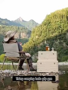 [Hàng cao cấp] Thùng Camping Gấp gọn Bàn Camping thùng đựng đồ Camping Picnic Gấp Gọn Kết Hợp Mặt Thớt Gỗ Quai Xách Đi Cắm Trại Dã Ngoại