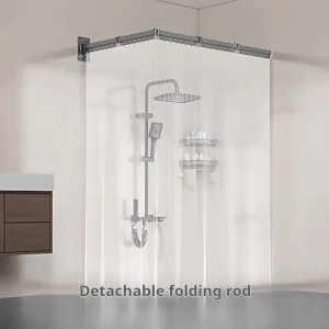 No‑Drill Invisible Rod Retractable Foldable Shower Curtain Set Waterproof Curtain for Bathroom Dry‑Wet Separation