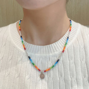 Childrens Rainbow Beads Necklace Girls Layered Non-Fading Lockbone Chain Jewelry Fashionable Korean Style Crystal Pendant
