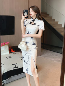 New Chinese Style Young Womens Qipao Dress Bodycon Midi Skirt Floral Print High Waist Short Sleeve Summer Fashion Elegant
