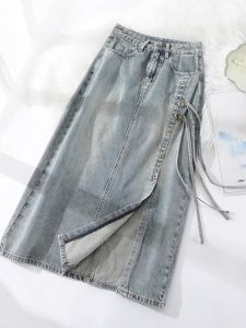 New Chinese Style High Waist Midi Denim Skirt Women Summer 2025 Half Body Skirts Wrap around Skirts a Line Pure Color