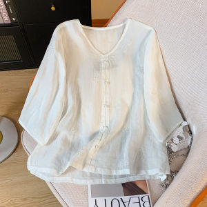 Áo Sơ Mi Vải Lanh Thêu Cổ Chữ V Tay Bảy Mùa Hè Cho Nữ Phong Cách Trung Hoa Cổ Điển Dáng Rộng Thoải Mái