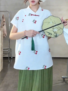 QINGNAER | Large Size Elegant Simple Traditional Style Blouse