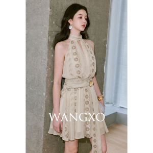 WANGXO | Đầm Ngắn Cổ V Đính Nơ In Hoa Chiffon Mỏng Dáng Xẻ Cao