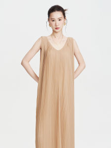 Summer 2025 Vacation Style Loose V-neck Sleeveless Vest Dress Womens Long Skirt Gauze Design Soft Polyester Casual Dress