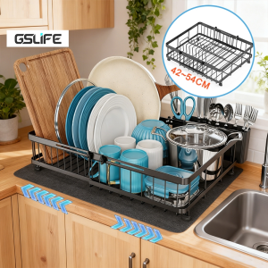 GSlife Scalable Dish Rack with Drainer Kitchen Drainer Pates Organizer Storage Draining Racks with  Absorbent Mat
