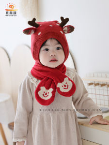 หมวกถักหนาสำหรับเด็กผู้หญิง ฤดูใบไม้ร่วง/ฤดูหนาว หูแกะ หมวกหน้ากากสีแดงน่ารัก หมวกถักแบบสวมหัวสำหรับเด็กชายและเด็กหญิง