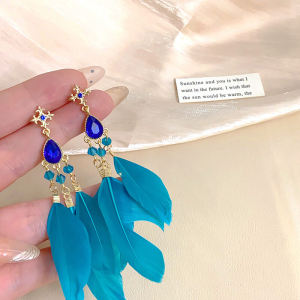Artificial Broken Star Dome Railway Sandy Gold Same Style Feather Tassel Earrings Long Niche Style Classy Things Blue Ear