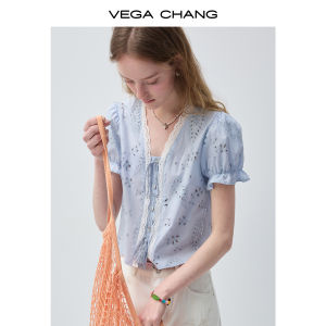 VEGA CHANG | Áo Sơ Mi Tay Ngắn Phụ Nữ Có Tay Bồng Ren Xanh Pháp