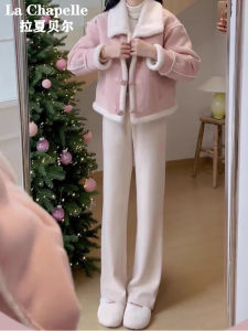 La Chapelle Fleece Lined Thickened Winter Straight Leg Narrow Wide Leg Pants High Waist Elastic Korean Style Casual Trousers