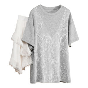 Relaxed Cute Lace Detail Short Sleeve T-Shirt Irregular Skirt Set