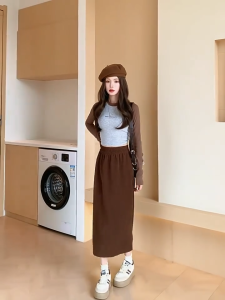Chân váy dài chất nhung gân tăm dáng chữ A cạp chun lưng cao hàng Quảng Châu SIANDO CV16