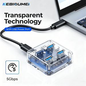 Kebidumei | KEBIDUMEI Transparent USB Hub USB 3.0 5Gbps High Speed 4 Ports Expansion with Power Supply OTG Adapter for PC Laptop Macbook Pro