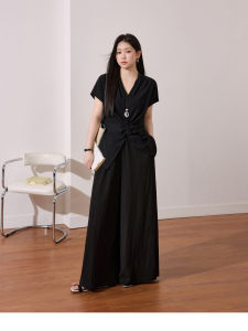 Elegant and Slimming V-neck Wide Leg Pants Office Suit