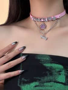 Sweet And Cool Pink Dopaamine Chocker Necklace Womens Fashion Jewelry Trendy Alloy Embedded Artificial Gem Neck Chain