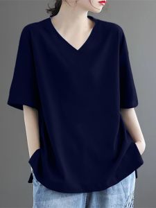 เสื้อยืดคอกลมแขนสั้นผ้าฝ้ายสำหรับผู้หญิง ทรงหลวม คอวี แขนยาวปานกลาง เสื้อผ้าทำงานสไตล์เกาหลี ฤดูร้อน 2025