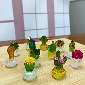 4pcs Transparent Colored Simulated Cactus Potted Plants DIY Crystal Resin Crafts Home Desktop Counter Small Ornaments