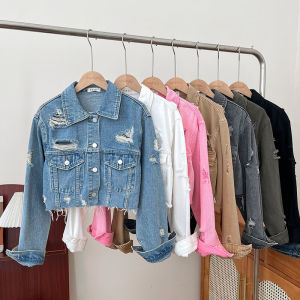 Stylish Casual Fashion All-Matching Polo Collar Hole Single-Breasted Long Sleeve Denim Short Frayed Hem Coat Top Female
