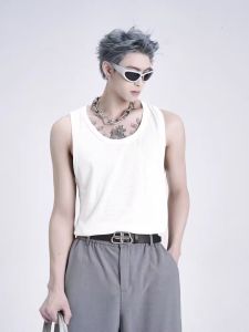 Loose Fit American High Street Ribbed Vest Mens Trendy Cityboy Low Neck Sleeveless T-Shirt Large Collar Seamless Sporty Shoulder