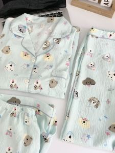 Bộ Đồ Ngủ Cotton Hoạt Hình Mùa Hè Cho Nữ Bộ Đồ Ngủ Cotton Mây Tay Ngắn Quần Dài Phong Cách Dễ Thương Mặc Nhà
