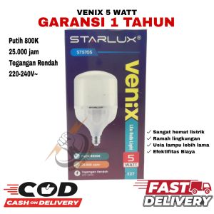 Bohlam Lampu Led Starlux Venix 5watt Cahaya Putih Garansi 1 tahun/BOHLAM LAMPU LED BOLA LAMPU LED 5W
