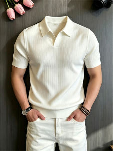 White Seagull Collar Knit Short Sleeve Polo Shirt Mens
