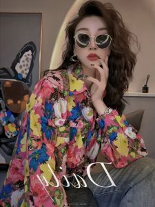 Retro Hong Kong Style Floral Print Womens Shirt Elegant Light Maturity Design Summer Commute Loose Fit Long Sleeve Polo Collar