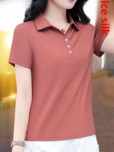 Ice Silk Short Sleeve Polo Shirt Womens Casual Turn-down Collar T-shirt Summer New Style Mid-life Mom Comfortable Top