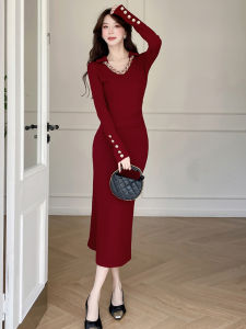 Spring 2025 Womens V-neck Long Sleeve Heavy Work Bodycon Dress High Waist Slim Fit Super Elastic Elegant Style Commute Dress