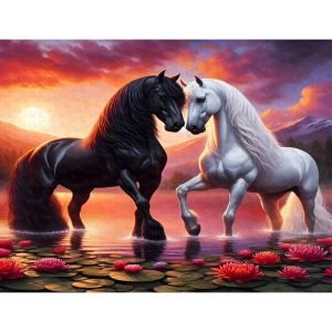 500/1000pcs Adult Puzzle - Large Challenging Horse & White Horse Puzzle with Black/White Horses Red for Flowers & Sunset Lake