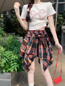 Summer new womens clothing short stature American style sweet and spicy design irregular plaid short skirt high waist half skirt