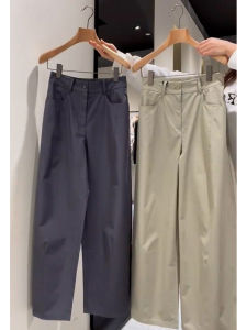 กางเกงขายาวทรงตรงเอวสูงผ้าลายกางเกงขายาวทรงเข็มขัดสำหรับผู้หญิง กางเกงขายาวทรงเข้ารูปสีกรมท่า ทรงหลวม สไตล์ลำลอง เอวกลาง