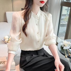 New Chinese Style Stand Collar Long Sleeve Lace Patchwork Dark Pattern Embroidery Womens Shirt Autumn Fashion 2025