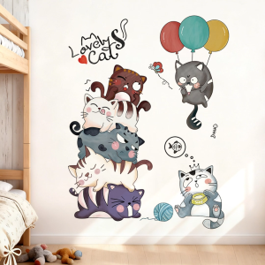 Decal dán tường mèo hoạt hình dễ thương Có keo sẵn 142*107 cm Trang trí phòng ngủ trẻ em an toàn