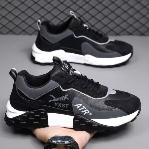 Mens Spring Autumn Fashion Sports Shoes Breathable Casual Leather Surface All-Match Trendy Flat Heel Color Block Pattern