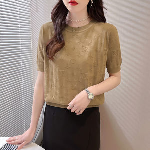 LUCKIN STORE Áo Dệt Kim Ngắn Tay Cho Nữ Áo Len Áo Thun Cổ Tròn Áo Mùa Hè Mới Áo Kiểu Hàn Quốc Mới 2025