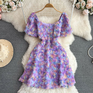 Fancy Light Luxury Temperament Puff Short Sleeve Three-Dimensional Rose Flower Waist-Tight Slim Looking Small A- line Dress Summer