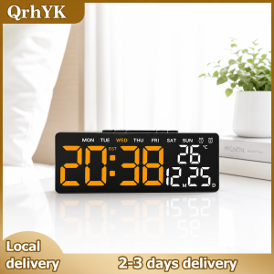QrhYK Digital Wall Clocks LED Alarm Clock Large Display Table Clock Wall-mounted Multi-functional Temperature Date Calendar Home 12 24H Voice Control Degital For Bedroom Living Room Home Decor