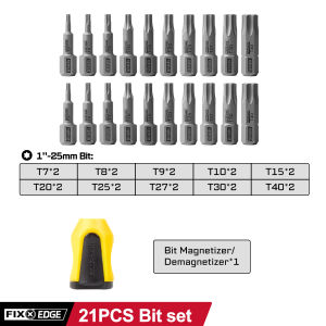 Geinxurn FIXEDGE 21PCS 25mm Magnetic Screwdriver Bits Set (T7–T40) in Mini Red Case with Yellow Magnetizer/Demagnetizer