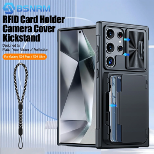 for Samsung Galaxy S24 Ultra Phone Case Sliding Camera Case Holder Card Holder Full Coverage TPU Shockproof Phone Case-Black