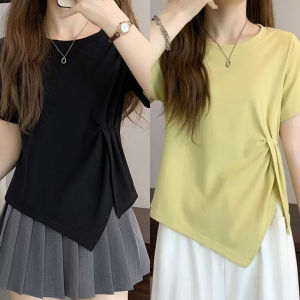 Miiow | Womens Loose Fit Thin T-Shirt Asymmetric Design Casual Versatile Summer New Style MiiOW Cat Person Creative Pattern Cotton Blend