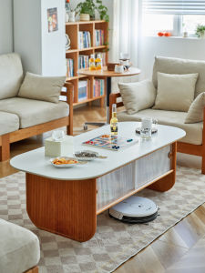 Solid Wood Medieval Long End Table Cherrywood Cream Style For Home Living Room Stone Plate Storage Tea Table Small Apartment Modern Side Table