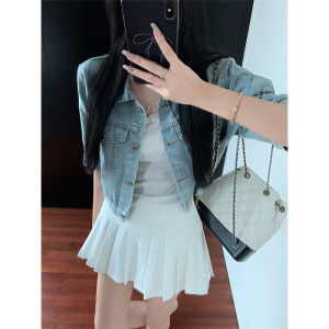 Spring Summer 2025 Retro Denim Jacket Womens Short Five-Quarter Sleeve Fashion Slimming Top High Waist Style POLO Collar