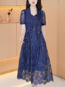 Váy Lưới Thêu Cao Cấp Cho Nữ Mùa Hè 2024 Váy Chữ a Dài Vừa Phải Tay Ngắn Cổ Tròn Dáng Chữ a Váy Hai Mảnh Cho Phụ Nữ Trung Niên