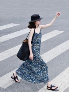 YUFUQING | Elegant Blue Floral Print Halter Dress Ladylike High End Slimming Goddess Style French Vacation Fashion A-Line Skirt Dress