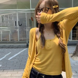 เสื้อคาร์ดิแกนแขนยาวผ้าคอตตอนโมดอลสำหรับผู้หญิง ชุดสองชิ้น แจ็คเก็ตกันแดด ผ้าคลุมไหล่ ชุดเกาะอก เสื้อคลุมกันหนาว สไตล์เกาหลี